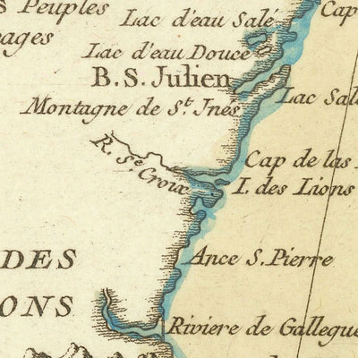 Mapa antiguo de la Patagonia y el estrecho de Magallanes de Bellin, 1764: estrecho, Patagonia, Andes, Cabo de Hornos, Malouines