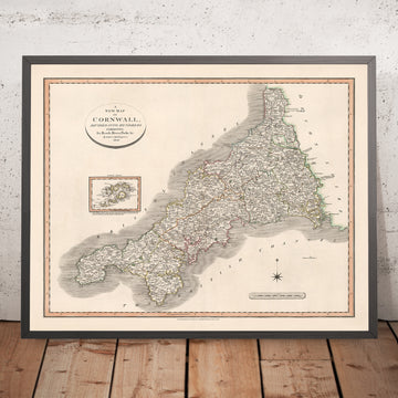 Antica mappa della Cornovaglia di Cary, 1806: Divisa in Centinaia, Truro, Falmouth, Penzance 