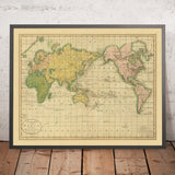 Alte Mercator-Weltkarte, die die Entdeckungen von Kapitän Cook zeigt, von Carey, 1814: Pazifik zentriert 