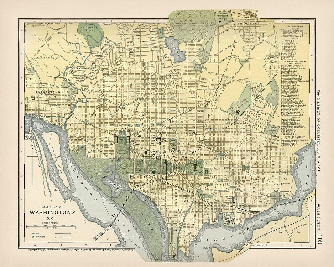 Ancienne carte de Washington, DC par Appleton, 1891 : Capitole, Maison Blanche, National Mall, Tidal Basin, Zoo Park