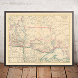 Mapa antiguo de Manitoba por Arrowsmith, 1884: Winnipeg, Río Rojo, Lago Winnipeg, Ferrocarriles, Fronteras 