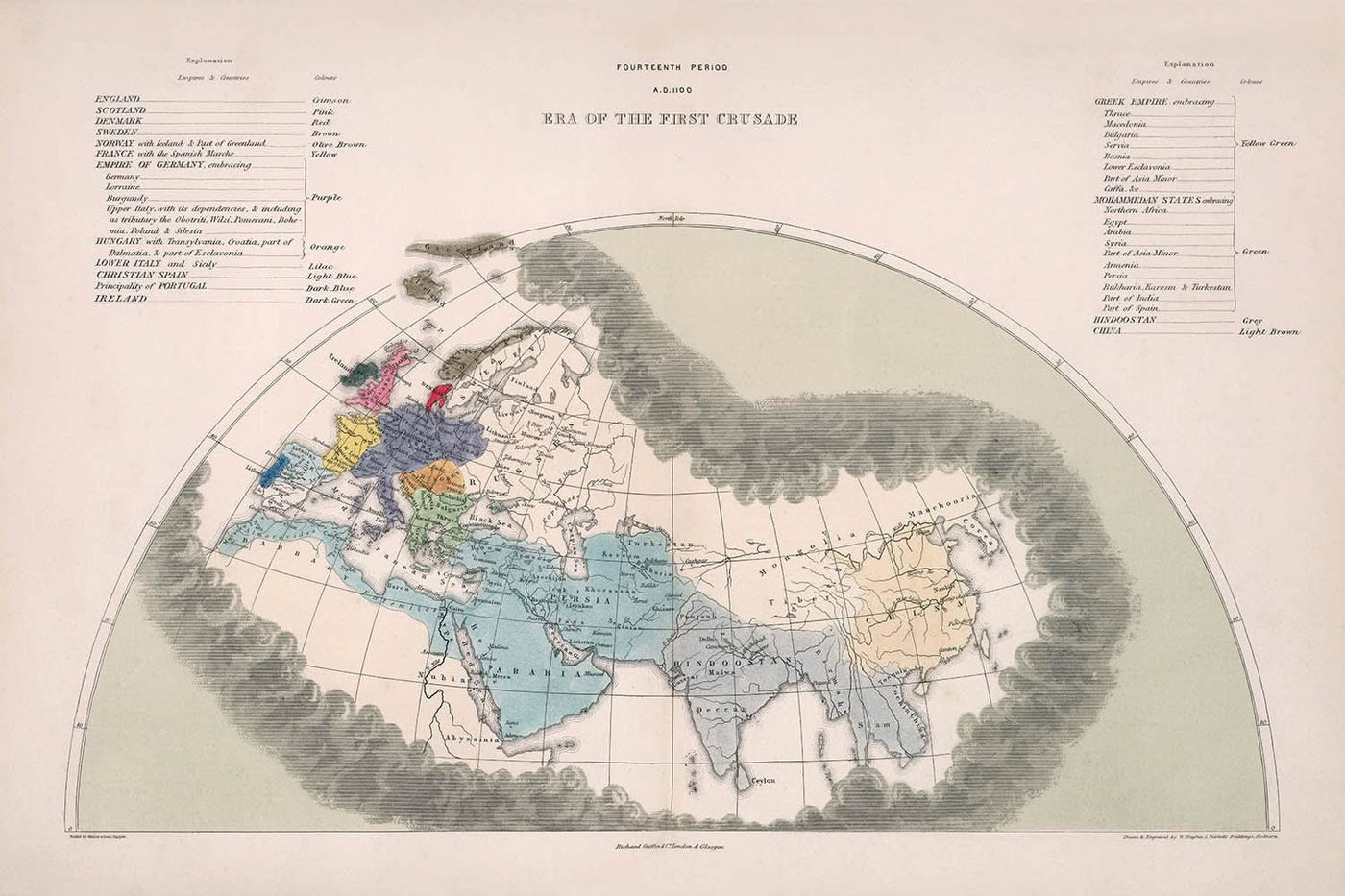 Alte Karte des Ersten Kreuzzugs von Quin, 1856: Deutsches Reich, Byzanz, Jerusalem, Kalifate, China