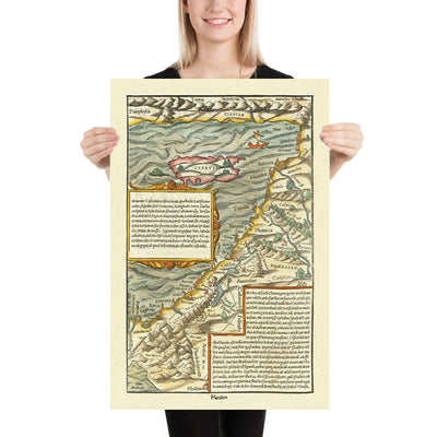 Mapa antiguo de Chipre y Tierra Santa de Münster, 1554: Jerusalén, Monte Sinaí, Medina, barcos de vela, Montes Tauro.