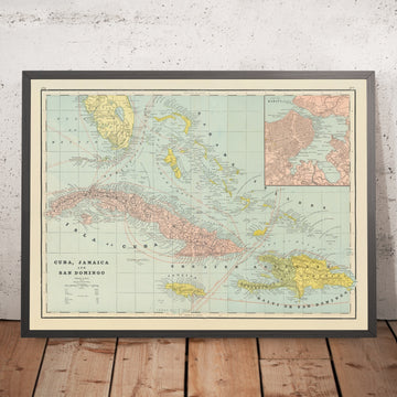 Antica carta del Mar dei Caraibi occidentale di Cram, 1886: Cuba, Hispaniola, L&