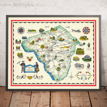 Old Map of Lancaster County, PA by Schmuckle, 1949: Ephrata, Lititz, Susquehanna & Conestoga Rivers, Amish Communities