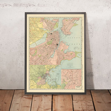Mappa antica di Boston, 1912: Porto di Boston, South Boston, Roxbury, Boston Common, Giardino Pubblico 