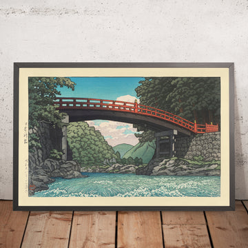 A framed image of Kamibashi Bridge at Nikko Sacred Bridge by Hasui Kawase 1935