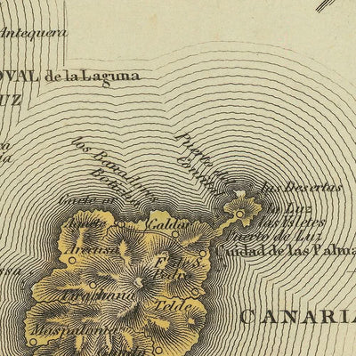 Mapa antiguo y raro de las Islas Canarias de Lucas, 1823: Tenerife, Gran Canaria, Rosa de los Vientos, Montañas, Atlántico