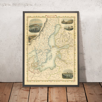 Antica mappa della Finlandia, Danimarca e dei Paesi Baltici di Tallis, 1851: San Pietroburgo, Stoccolma, Riga, Gotland, Golfo di Finlandia 