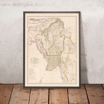 Mapa antiguo de Myanmar de Arrowsmith, 1857: Irrawaddy, Salween, Yangon, Mandalay y montañas Arakan