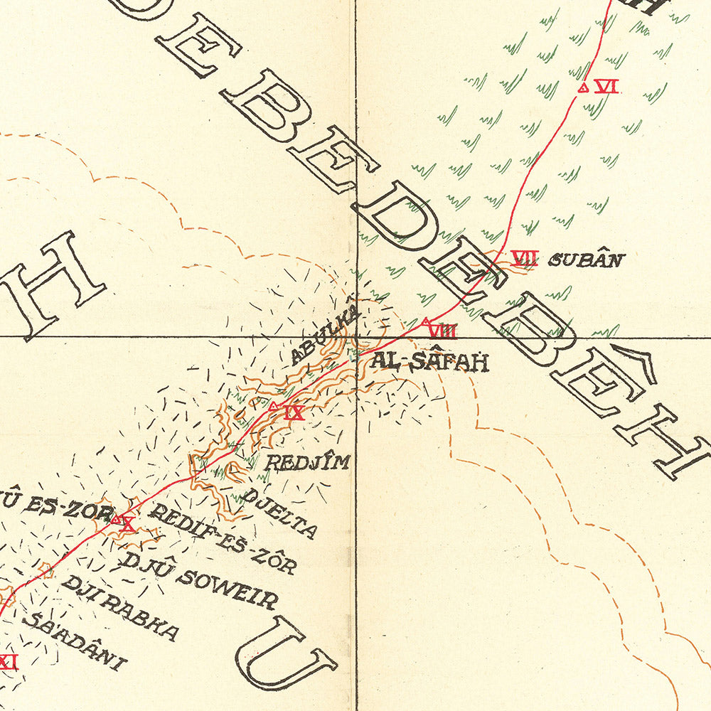 German Traveler’s Map of Arabia by Raunkiaer, 1912: Riyadh, Kuwait, Persian Gulf, Caravan Routes, Deserts