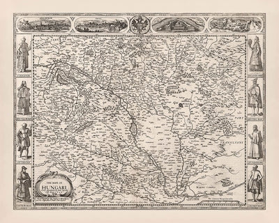 Old Monochrome Map of Hungary by Speed, 1626: Buda, Pest, Cluj, Mountains