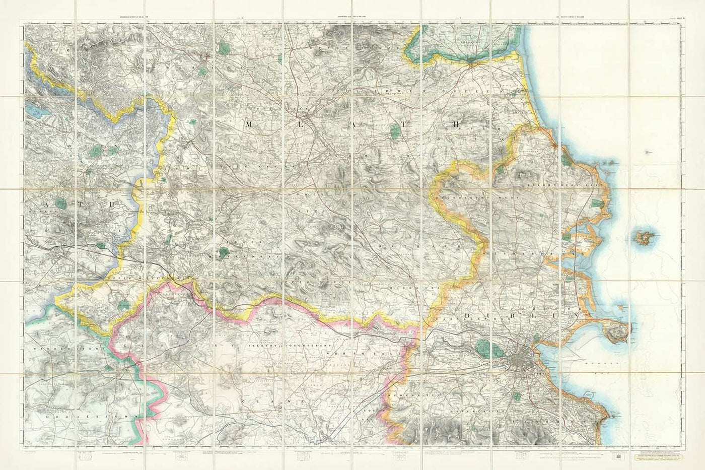 Large Old Map of Dublin & Suburbs, 1868: Meath, Clane, Rathdown, Drogheda