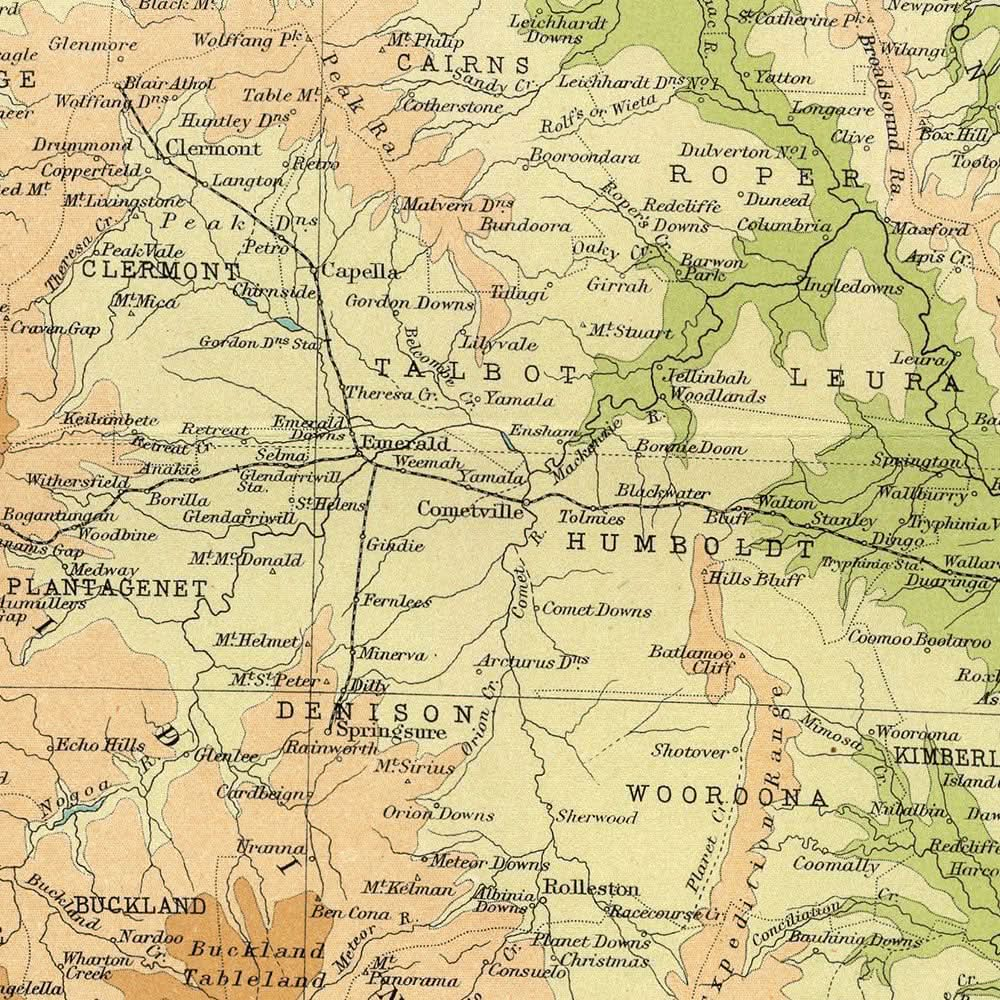 Mapa antiguo del este de Queensland de Bartholomew, 1922: Brisbane, Cairns, relieve, rutas de navegación, recuadro