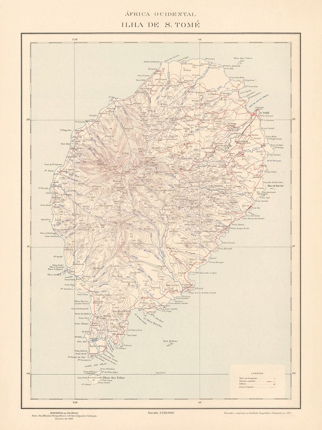 Alte Karte von São Tomé, 1945: São Tomé, Neves, Trindade, Flüsse, Berge 