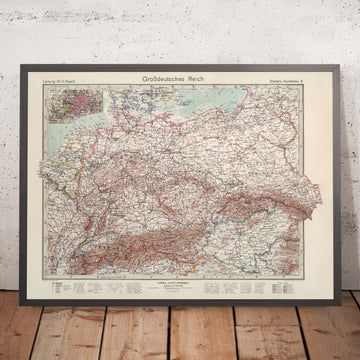 Old Map of Grossdeutsches Reich & Central Europe by Stieler, 1944: Berlin inset; WWII borders