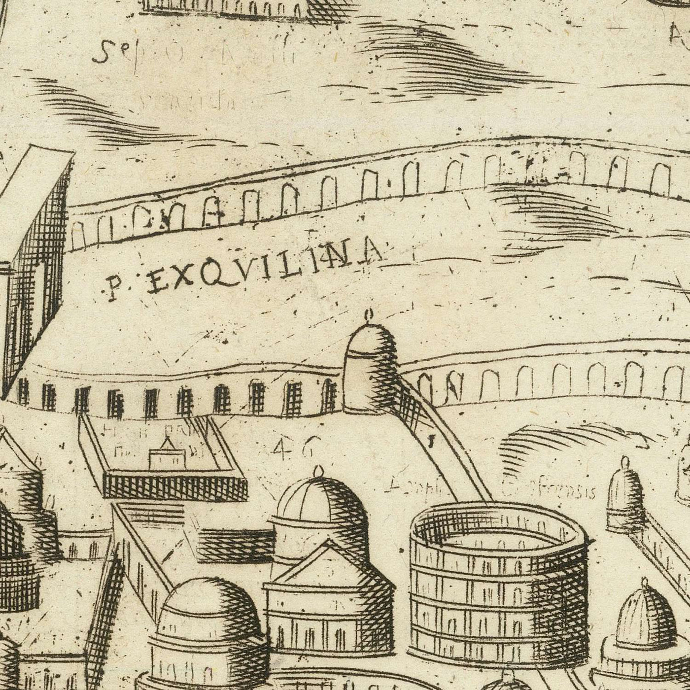 Alte bildliche Karte von Rom, 1600: Kolosseum, Circus Maximus, Pantheon, Römisches Forum, Via Appia 