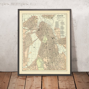 Mapa antiguo de Boston de Fisk & Co., 1893: el Common, el jardín público, los Fens, el río Charles, el parque Franklin