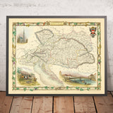 Ancienne carte de l'Autriche par Tallis, 1851 : Vienne, Alpes, rivière Danube, Salzbourg, Prague 