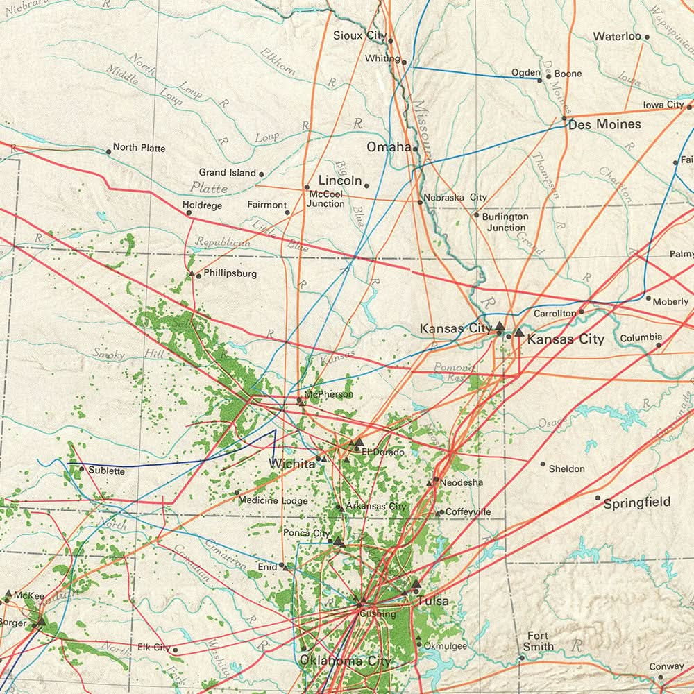 Alte Karte der Vereinigten Staaten, 1966: Pipelines, NYC, LA, Rocky Mountains, Große Seen