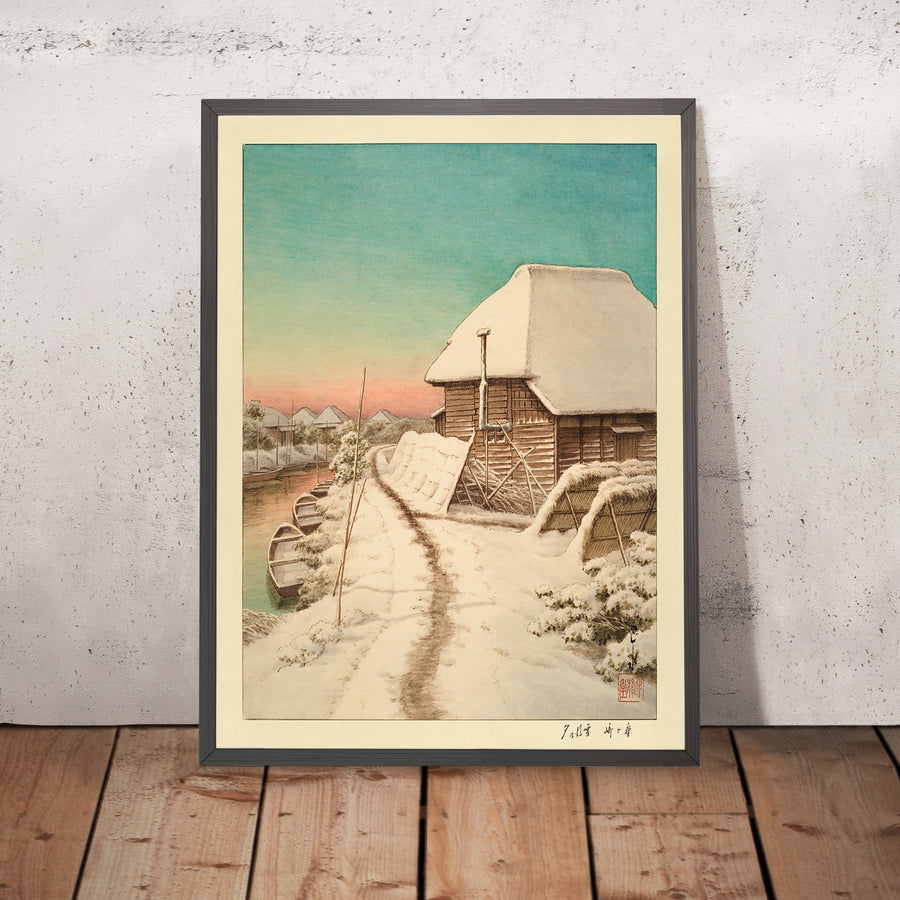 A framed image of Sunset Evening Sky After Snow at Morigasaki by Hasui Kawase 1935