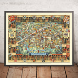 Old Pictorial Map of Cambridge by Lee, 1948: King's College, River Cam, Bridge of Sighs, Trinity College, St. John's