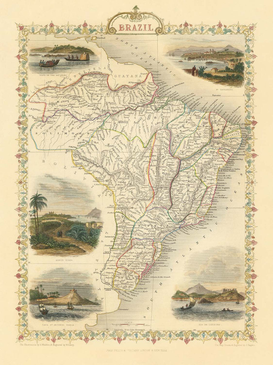 Vecchia mappa del Brasile di Tallis, 1851: Fiume Amazzoni, Rio de Janeiro, San Paolo, Salvador, Costa Atlantica 