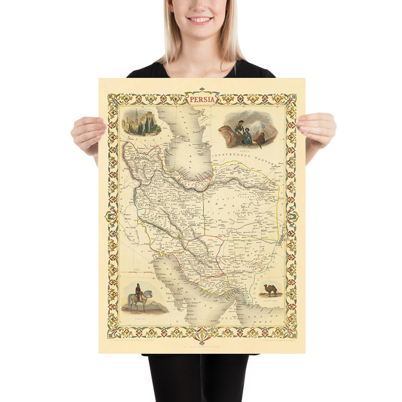 Old Map of Iran by Tallis, 1851: Persia, Tehran, Isfahan, Caspian Sea, Elburz & Zagros Mountains