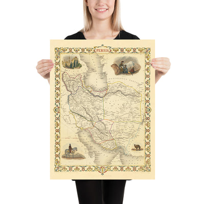 Old Map of Iran by Tallis, 1851: Persia, Tehran, Isfahan, Caspian Sea, Elburz & Zagros Mountains