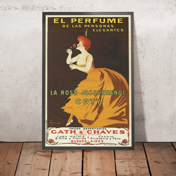 A framed image of Coty La Rose Jacqueminot Vintage Perfume Poster by Leonetto Cappiello, 1904