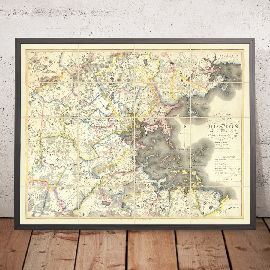 Prima grande mappa antica della Grande Boston di Hales, 1819: Cambridge, Salem, Harvard, Boston Sound 