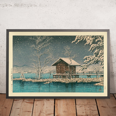 A framed image of Kansagu Shrine at Lake Tawaza in the Snow by Hasui Kawase, 1935