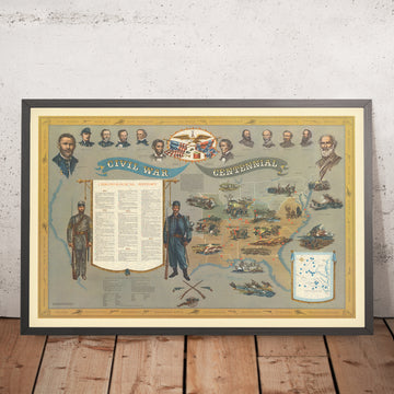 Old Pictorial Map of American Civil War 1861–65 by Newman, 1960: Ft. Sumter, Antietam, Gettysburg, Vicksburg, Richmond