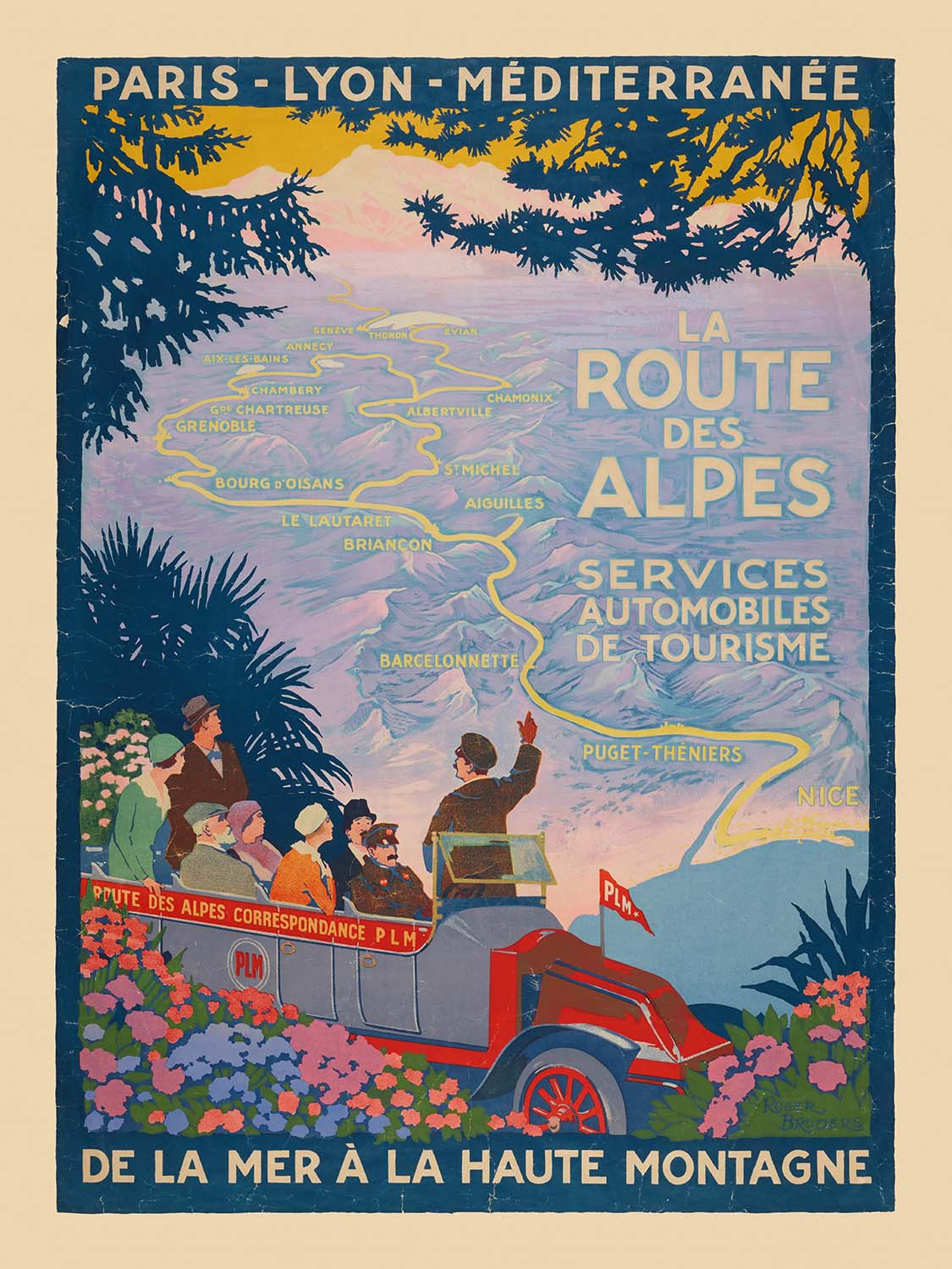 Póster de viaje de los Alpes franceses: La Route des Alpes de Roger Broders, 1920 