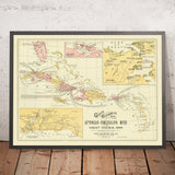 Old Map of Spanish-American War, West Indies by Goff, 1899: Cuba & Puerto Rico; Santiago, Havana insets; blockades
