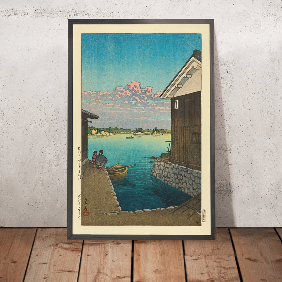 A framed image of Morning in Yobuko, Hizen by Hasui Kawase, 1935