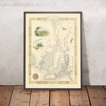 Old Map of South Australia by Tallis, 1851: Adelaide, Spencer Gulf, Kangaroo Is., Yorke Pen., Mt Gambier