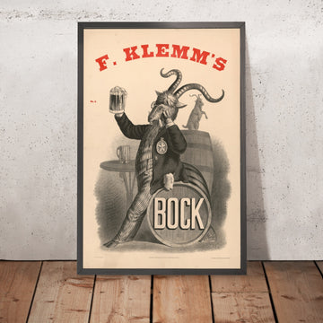 A framed image of F. Klemm’s Vintage Bock Beer Poster, 1880