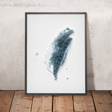 A framed image of a 3D style topographic relief map ofTaiwan
