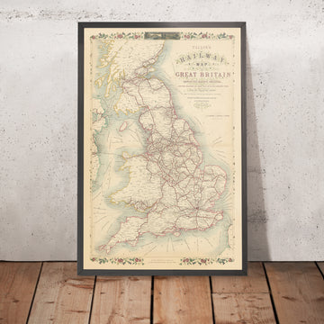 Ancienne carte ferroviaire de Grande-Bretagne par Tallis, 1850 : Londres, Liverpool, Manchester, routes de bateaux à vapeur, bordures ornées 
