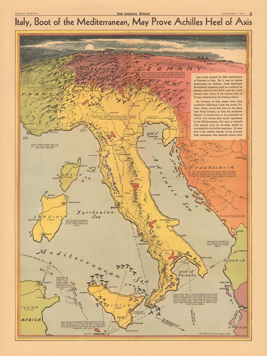 Italy, boot of the Mediterranean, may prove Achilles Heel of Axis, 1942: WW2 Allied Strategy Map