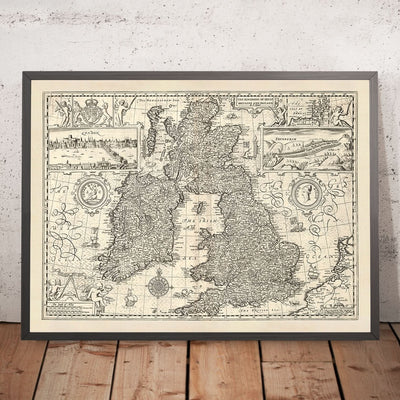 Mapa antiguo de Gran Bretaña e Irlanda realizado por Speed, 1676: Londres, Edimburgo, Dublín, las islas Orcadas y monstruos marinos