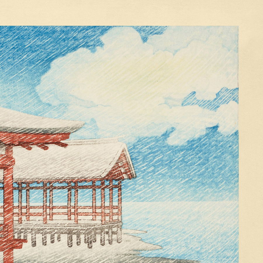 Un hermoso cielo invernal y nieve en Miyajima de Hasui Kawase, 1935 