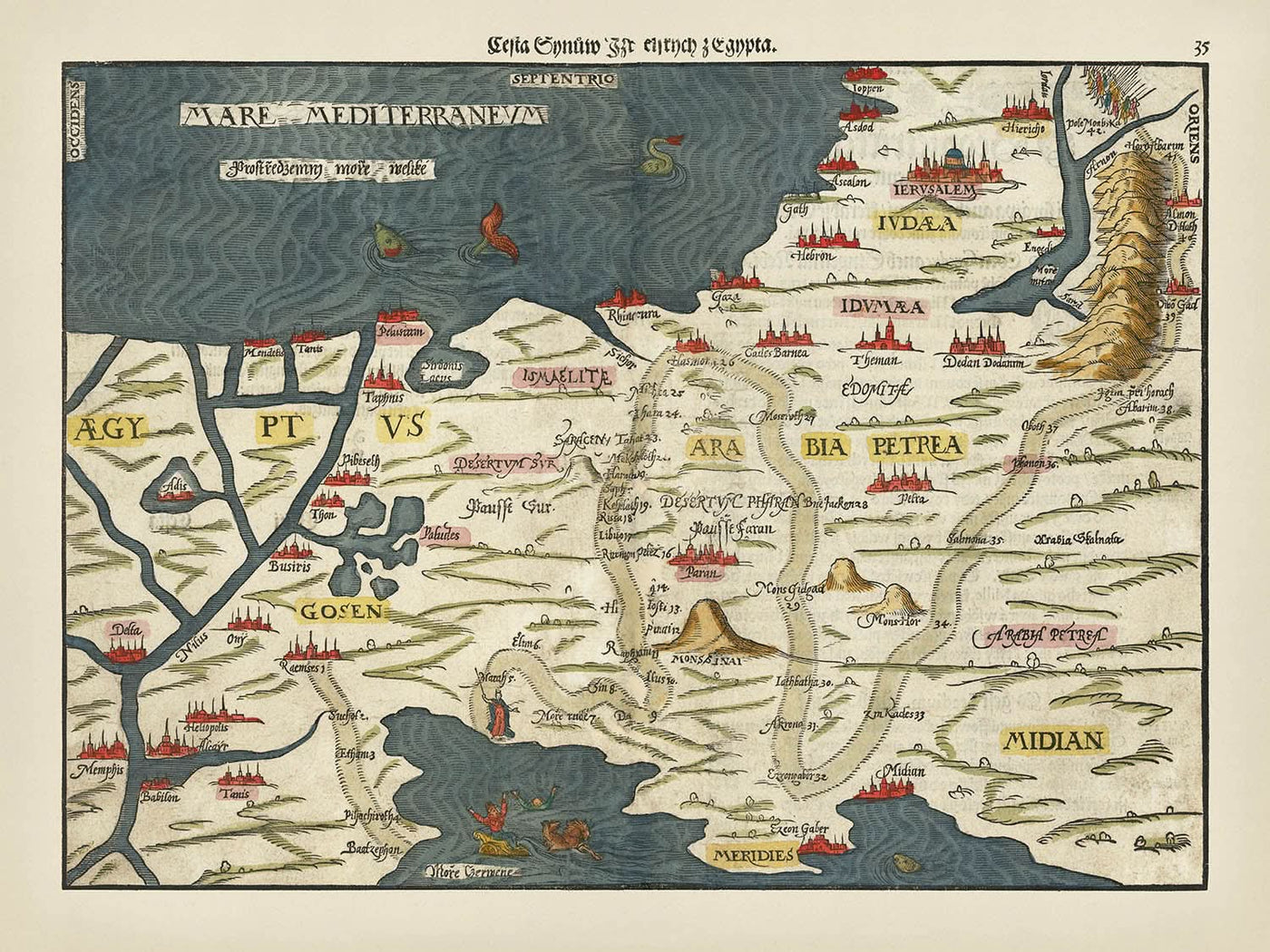 Ancienne carte thématique de l'Exode par Bunting, 1592 : Jérusalem, la mer Rouge, le Sinaï, Gosen, Madian