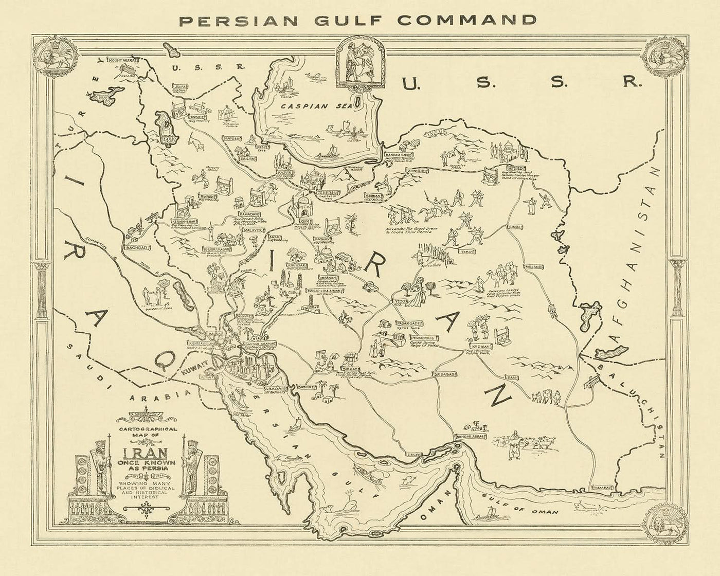 Alte Bildkarte des Iran vom Persian Gulf Command, 1943: Teheran, Kaspisches Meer, Persischer Golf, Teppichweberei, Garten Eden