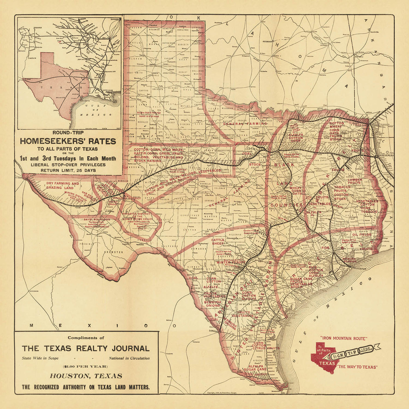 Old Map of Texas by Poole Brothers, 1909: Iron Mountain Railway, Houston, San Antonio, Dallas