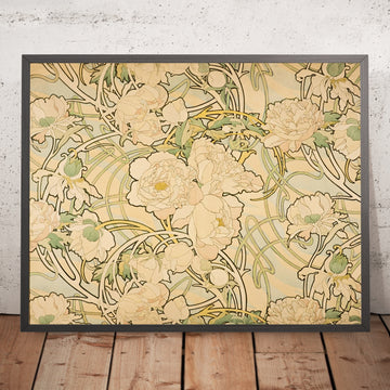 A framed image of Peonies by Alphonse Mucha, 1897