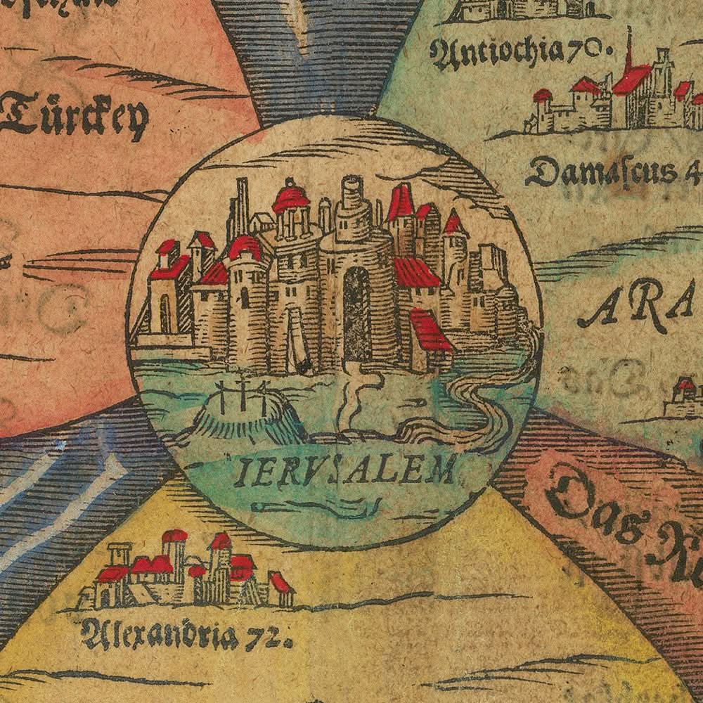 Mapa del Viejo Mundo de la hoja de trébol de Bunting, 1582: Centro de Jerusalén, diseño de trébol, elementos fantásticos