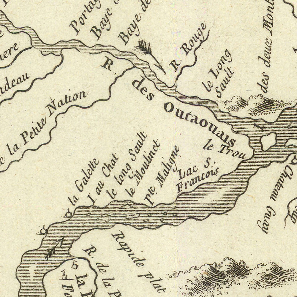 Old Map of Quebec and Ontario by Bellin, 1757: St. Lawrence River, Lac Ontario, Lac Champlain, Fort Carillon, Fort Edward