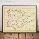 Old Manuscript Map of Spain and Portugal by Bowen, 1810: Madrid, Lisbon, Barcelona, Pyrenees, Strait of Gibraltar